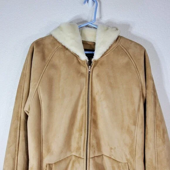 Relativity Womens  XL Tan Faux Suede Sherpa Lined Hooded Coat - Picture 9 of 9